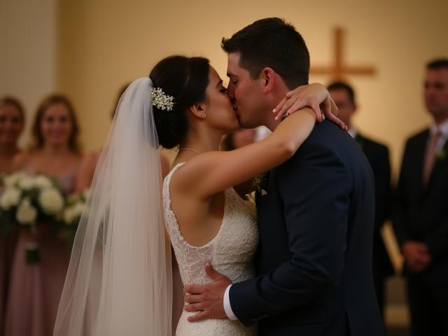 Candid photo of a bride and groom during a wedding ceremony.