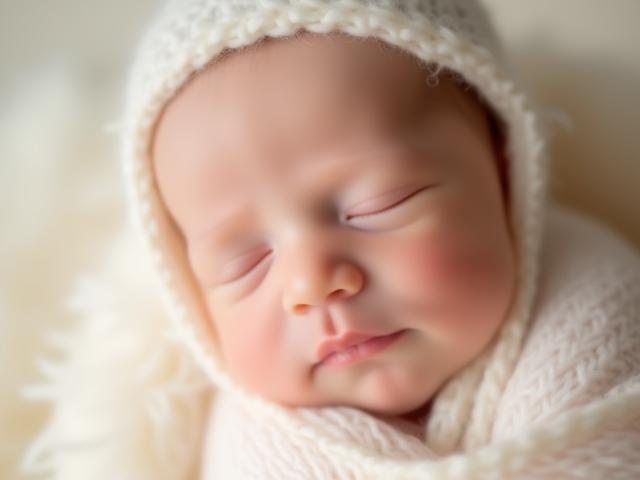 Gentle portrait of a newborn baby wrapped in a soft blanket.