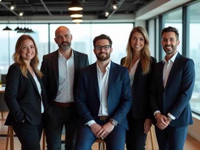 Professional group photo of a corporate team in their office.