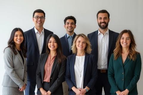 A group of professionals smiling for a corporate photo shoot.