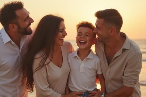 A family laughing during an outdoor photoshoot.
