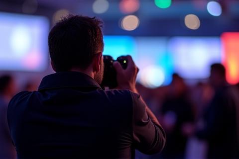 A photographer capturing candid moments at a large corporate event.